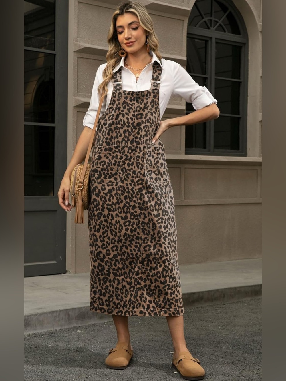 Leopard Print Women’s Denim Overall Dress - Brown